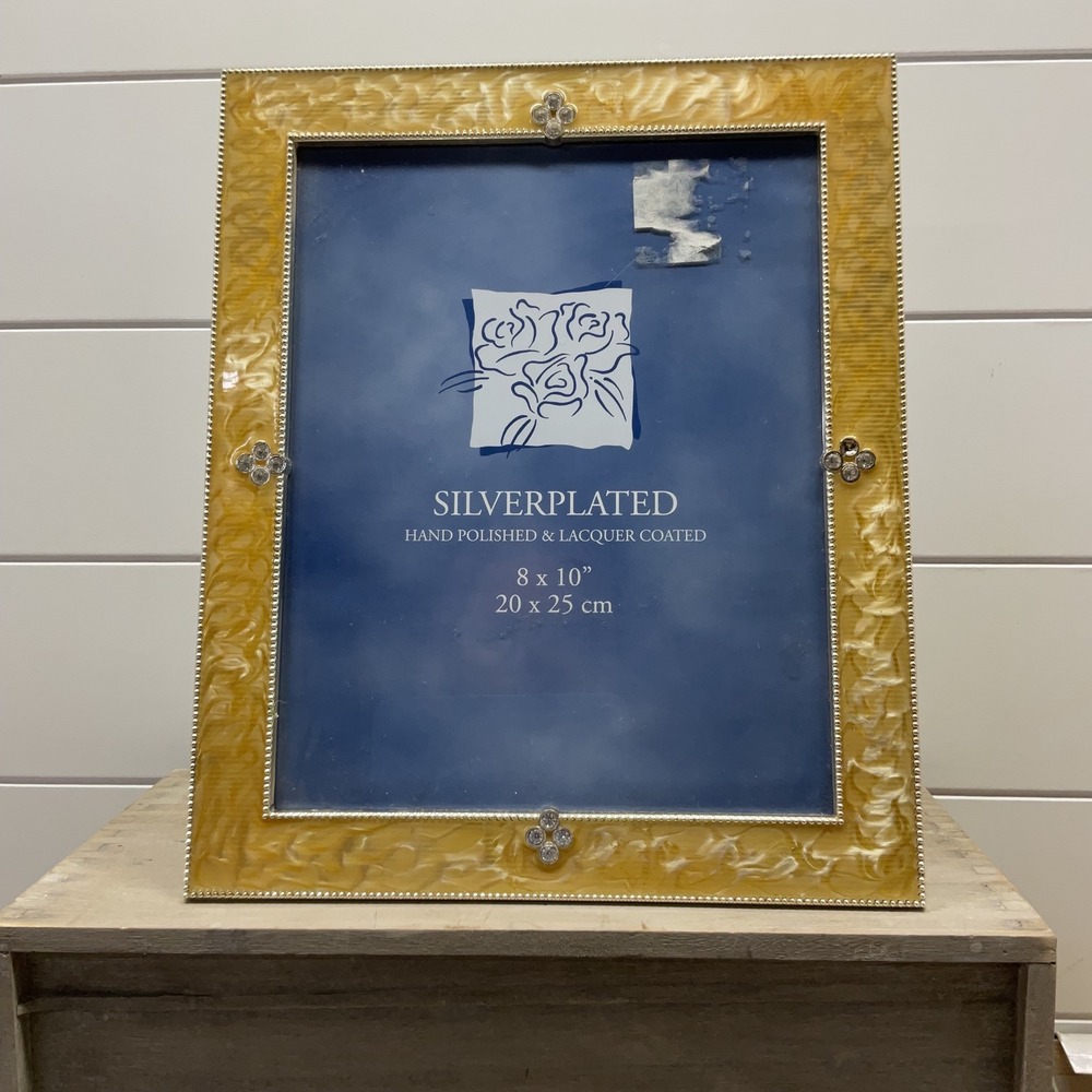 Silverplated 8x10 Picture Frame Yellow Marbled Enamel Crystal Beaded Trim